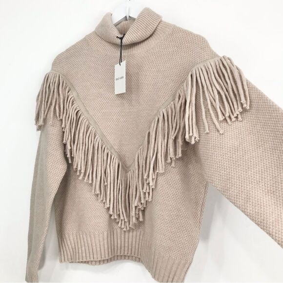 Grace + Karma Light Tan Fringe Front Pullover Turtleneck Neutral Sweater NEW - Picture 6 of 14